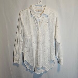 LOFT White‎ Eyelet Embroidered Shirt XS Button Down Long Sleeve Top Blouse NEW
